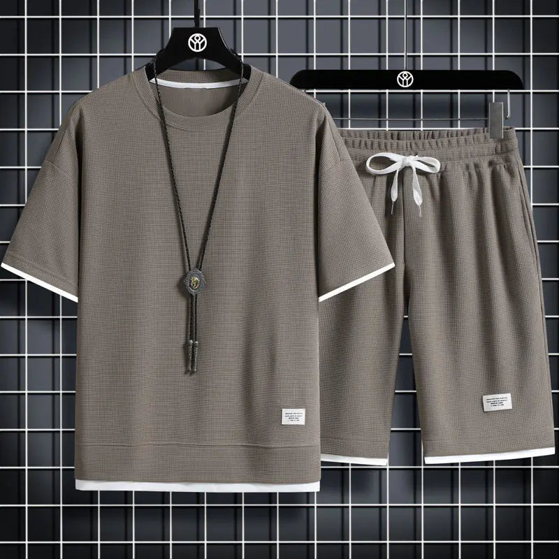 Men's Waffle Sports Leisure Set - Loose Fit Short Sleeve All is equal fashion