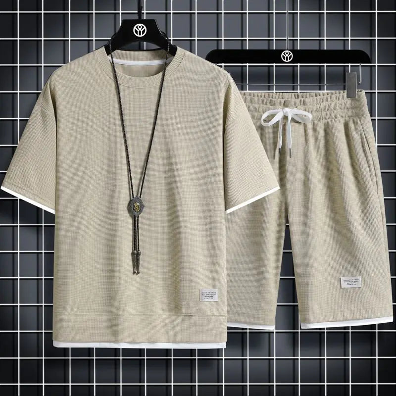 Men's Waffle Sports Leisure Set - Loose Fit Short Sleeve All is equal fashion