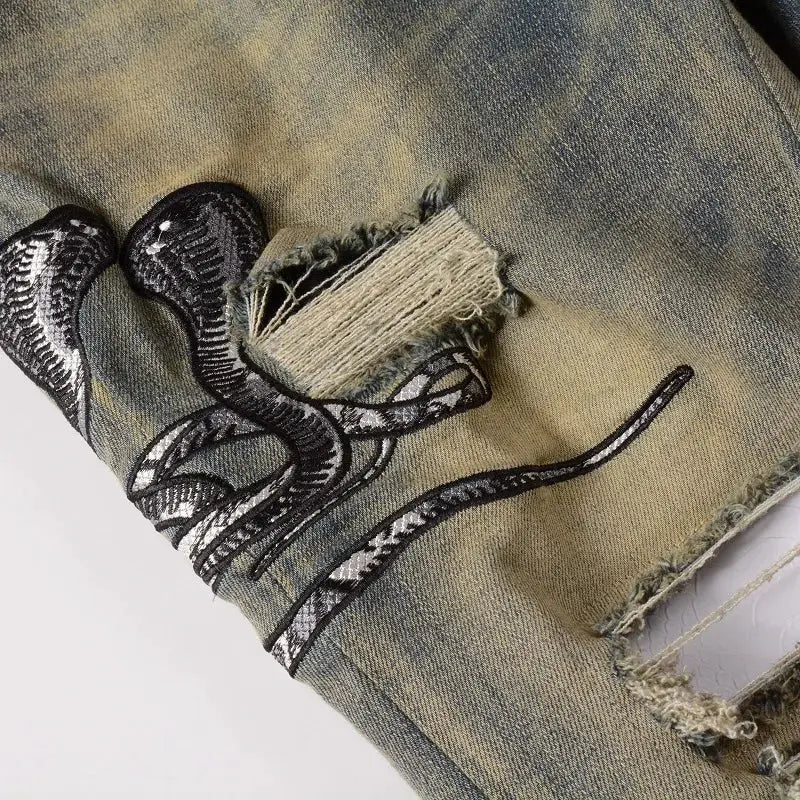 Snake Embroidery Tapered Denim Jeans™ rosses clothing